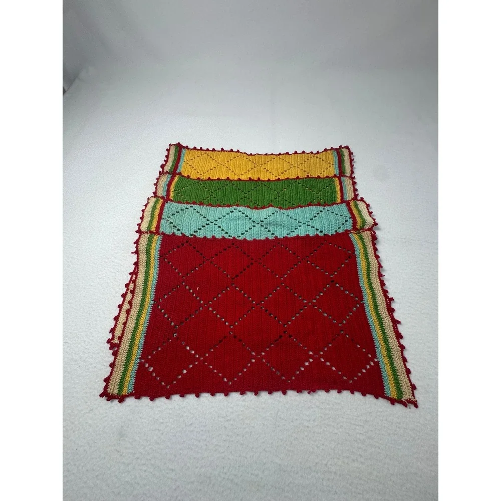 Vintage Cottagecore Handmade Crochet Set 4 Placemats Diamond Pointelle Retro